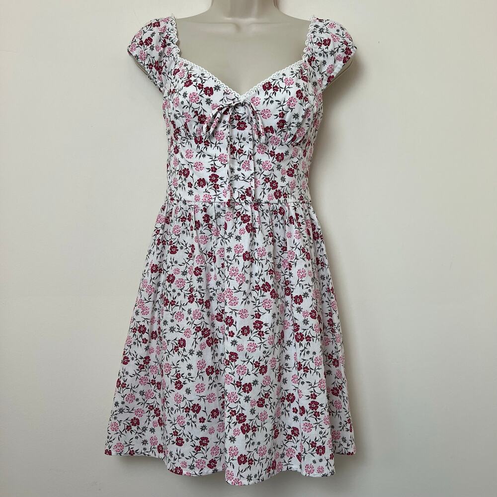 Romantic Cottagecore Floral Puff Sleeve Short A-Line Dress Medium White Pink